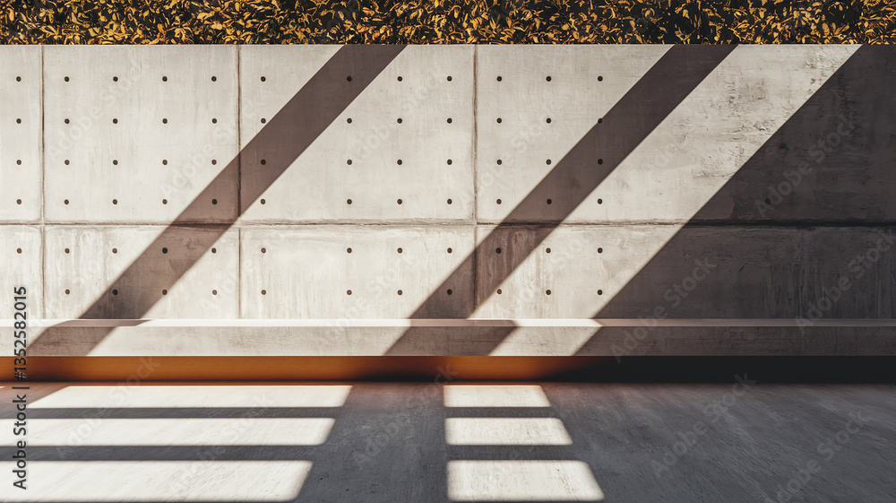 Poster concrete wall with evenly spaced holes, showcasing diagonal sun shadows on a minimalist bench, creat
