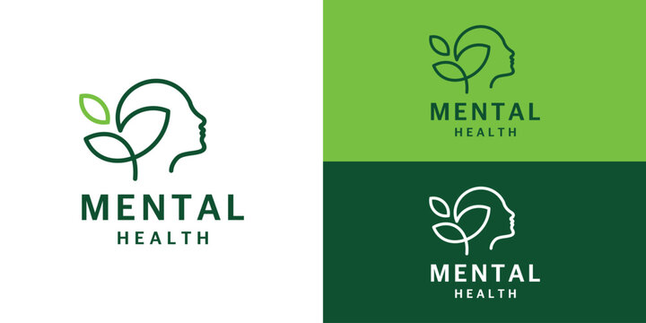 Simple mental health logo template. Head and nature leaf logo design vector illustration.