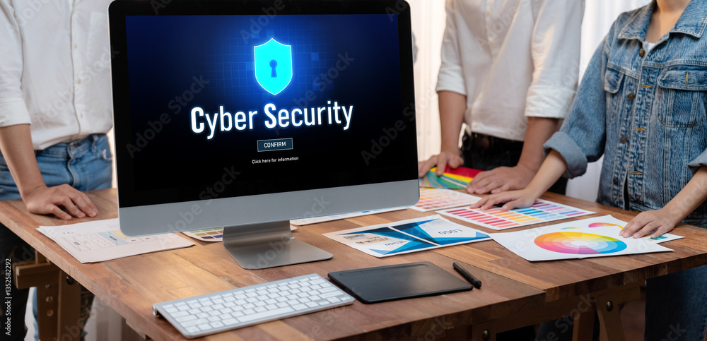 Fototapete Cyber security system on computer screen protect private information brisk from hacker and cyber attack