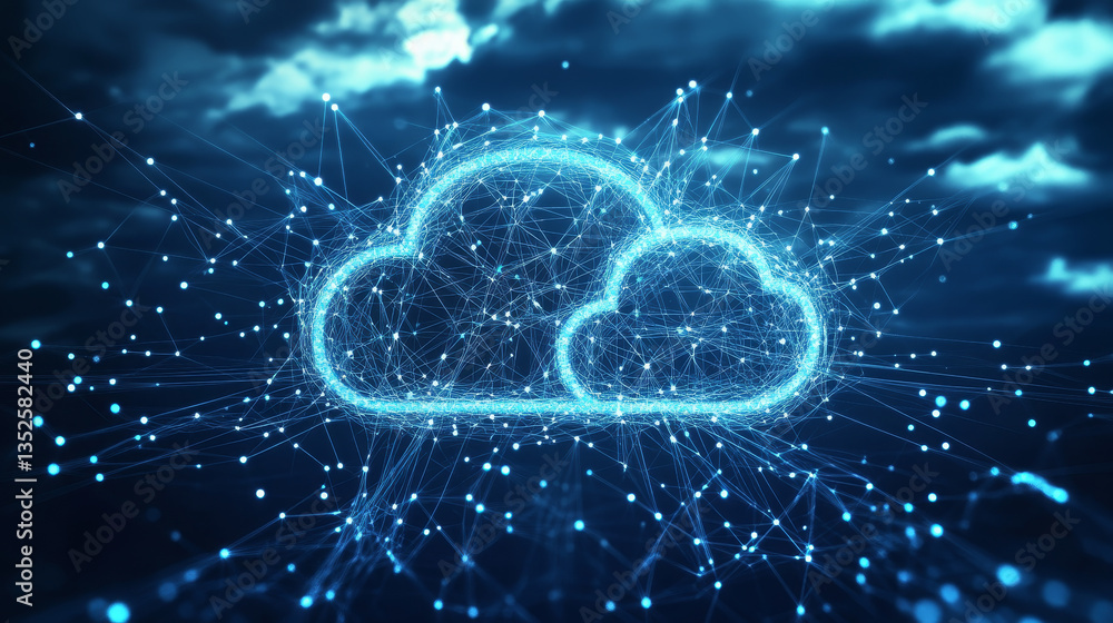 Poster cloud and edge computing technology concepts. a large cloud icon over three prominent white clouds. 