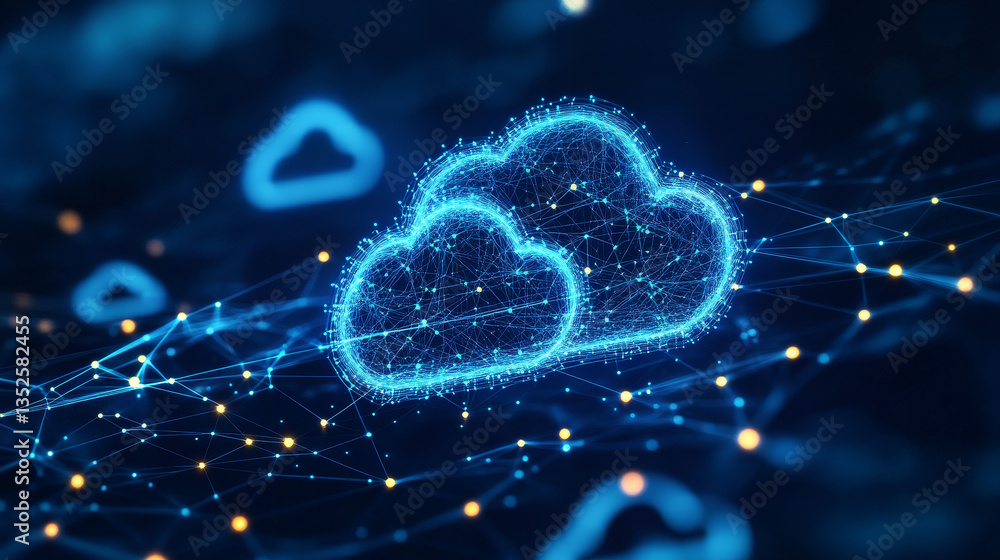 Poster cloud and edge computing technology concepts. a large cloud icon over three prominent white clouds. 