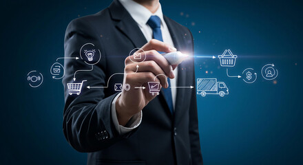Businessman Planning E commerce Strategy Online Shopping Workflow Delivery Process and Sales Growth