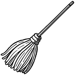 a simple, monochrome illustration of a broom, its bristles splayed out and its handle extending diagonally. The broom is shown against a clear background