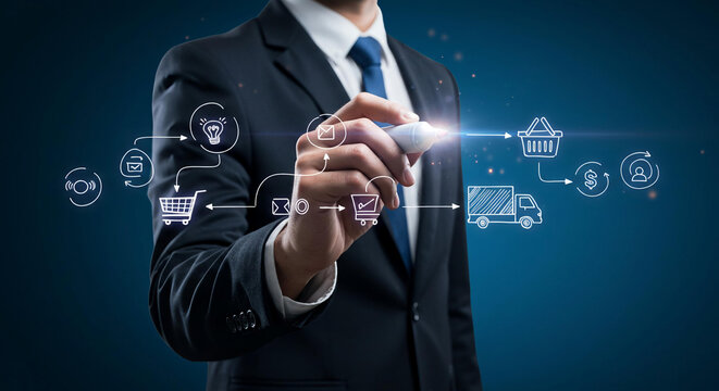Businessman Planning E commerce Strategy Online Shopping Workflow Delivery Process and Sales Growth