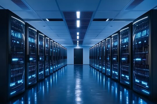 A long hallway filled with server racks in a data center