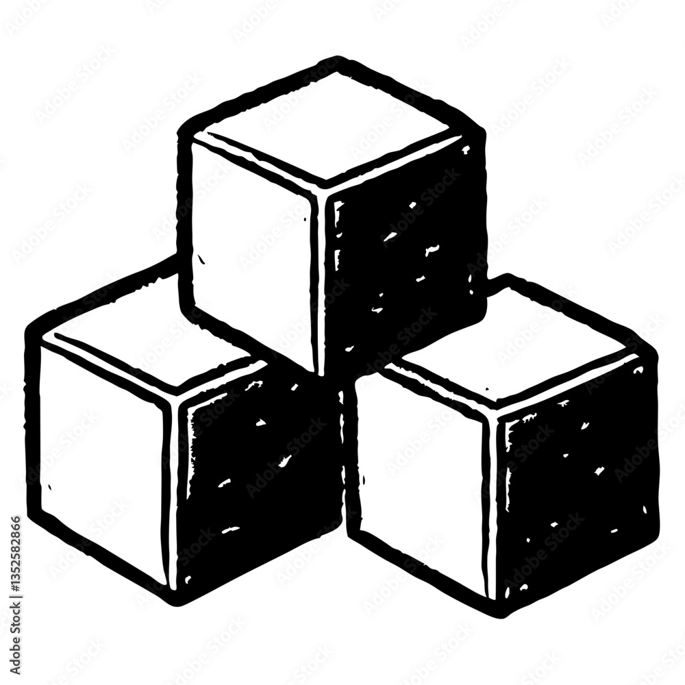 Poster three graphic cubes arranged in a triangular formation, black and white graphic style. vector line a