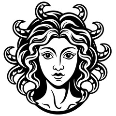 an illustration of medusa, a mythical figure with snakes for hair. This illustration is in a vintage engraving style
