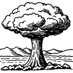 Fototapeta premium a hand-drawn vector illustration of a large mushroom cloud with a detailed, intricate design, set against a backdrop of mountains
