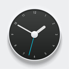 Creative black clock in realistic flat style, with color arrow and numbers. Watch on white background. Business time. Vector design element for you project