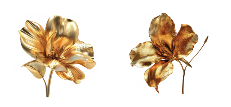 Shiny golden flowers with vibrant metallic petals and stems in artistic style