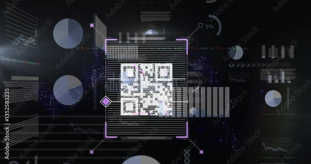 Poster qr code with digital data processing animation over abstract technology background