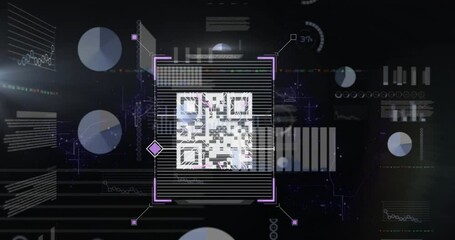 QR code with digital data processing animation over abstract technology background - Powered by Adobe