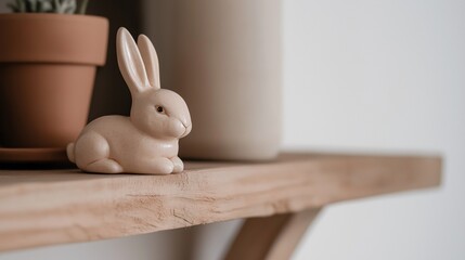 Small ceramic bunny figurine sitting on a wooden shelf. the bunny is light brown in color and has two large ears and a small nose.