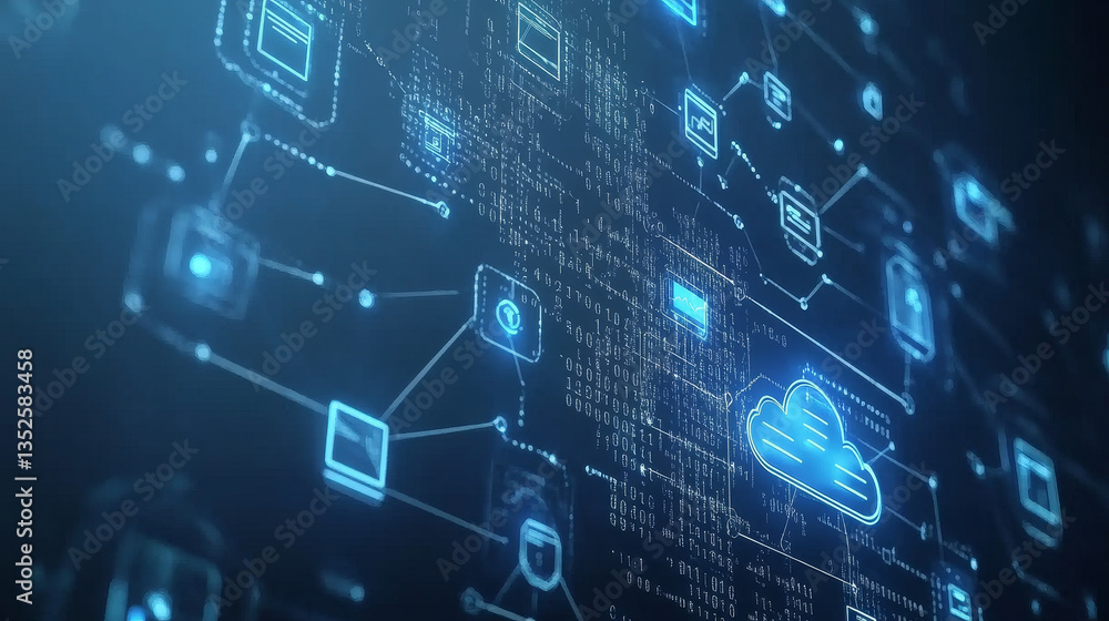 Poster cloud and edge computing technology concepts with cybersecurity data protection. icons and polygons 