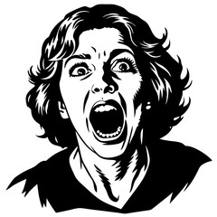 a black and white illustration of a woman's face, screaming with wide-open mouth, eyes, and an expression of fear