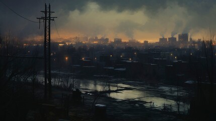 Fototapeta premium A photo of an atmospheric urban landscape oil painting