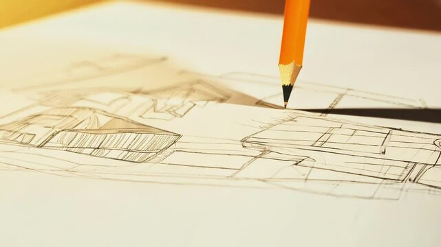 Architectural pencil sketch of modern building design in progress. concept of creative architecture, design drafting, artistic expression, innovative engineering