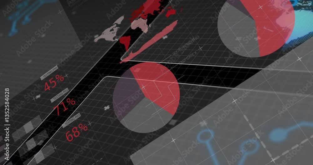 Poster animation of digital dashboard with red pie charts and map on screen