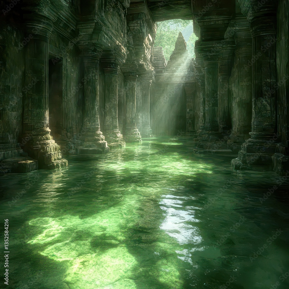 Poster a flooded ancient temple with columns and illuminated water