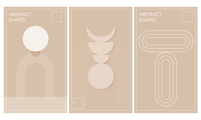 Minimalist Poster Design. Vertical Home Interior Decoration Panel Soft Romantic Dreamy Graphic Art. Simple beige Geometric card or Invitation canvas Set. Modern Abstract Elegant Style. 