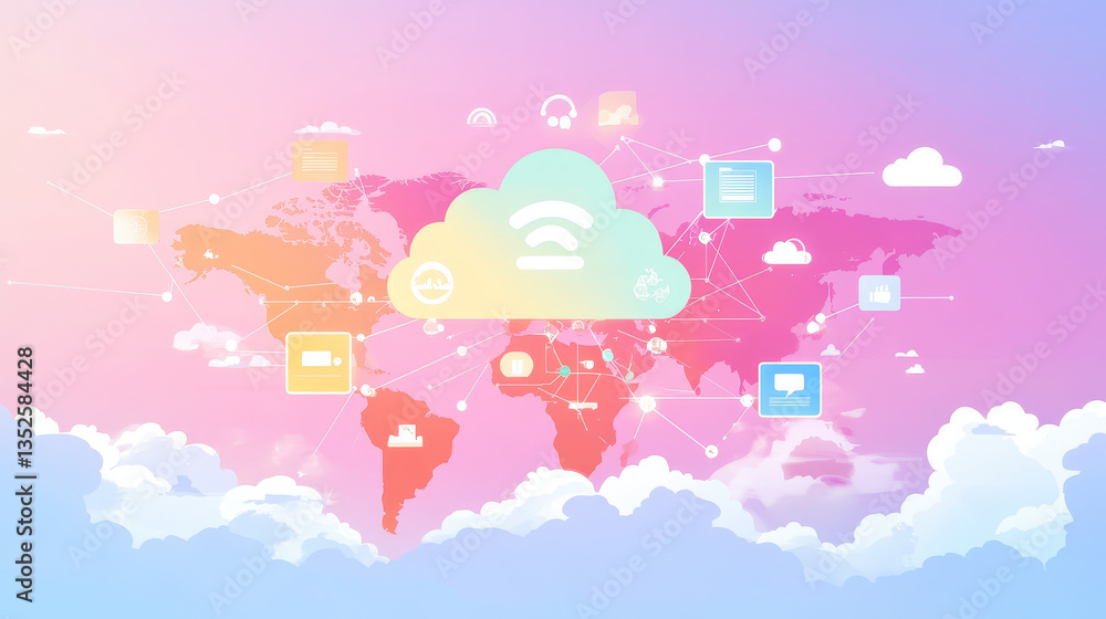 Poster data transfer cloud computing technology concept. there is a large prominent cloud icon in the cente