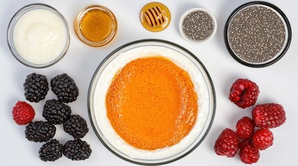 Healthy breakfast ingredients arranged on white surface