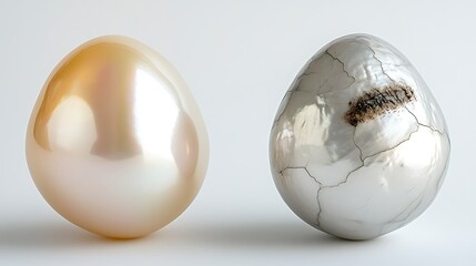 A smooth, perfect pearl on the left, a scratched, dull pearl on the right, high gloss effect, set on white.