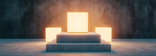 A podium with surreal levitating cubes, glowing softly in a minimalist art space