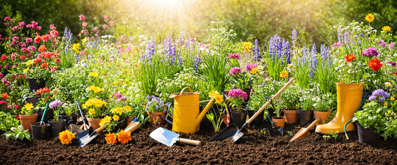 spring garden with tools and flowers, gardening scene with sunlight, blooming plants and equipment, outdoor garden preparation