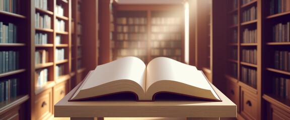 Fototapeta premium Open book on wooden table, library background, showcasing knowledge, education, and learning, ideal for educational or literary concepts