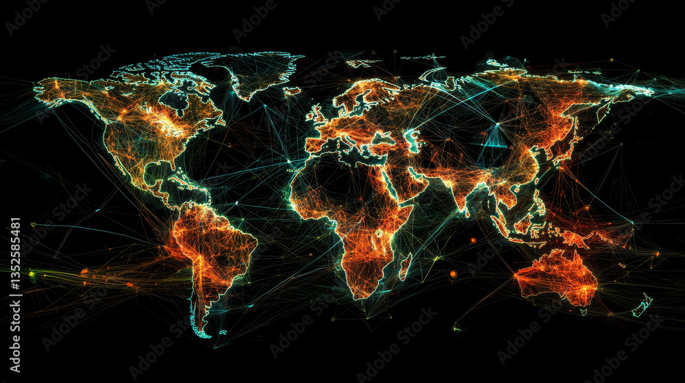 Poster technology digital globe network and data analytics, futuristic digital globe showing network connec