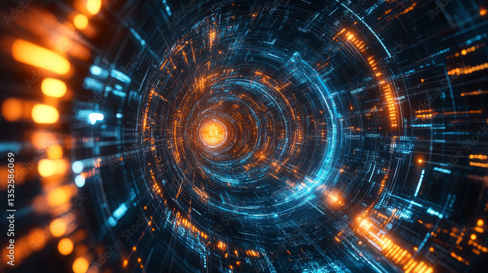 Poster tunnel sci-fi digital cyberspace, digital data network and blockchain connections. technology digita
