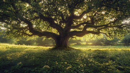 Fototapeta premium a beautiful tree in the middle of a green field 