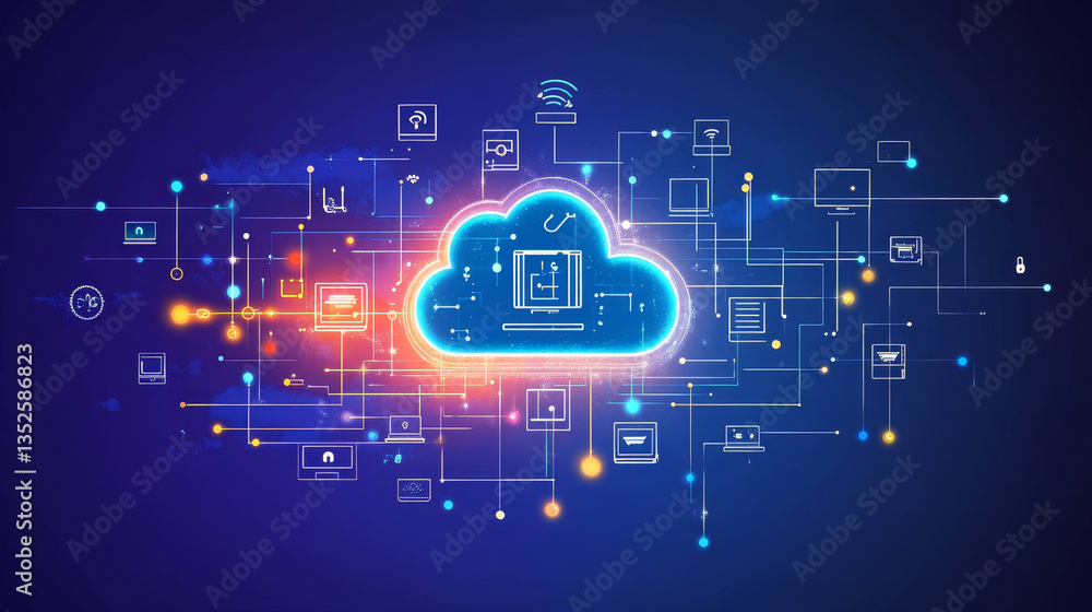 Poster cloud omputing. internet technology. online services. data, information security. connection. thin l
