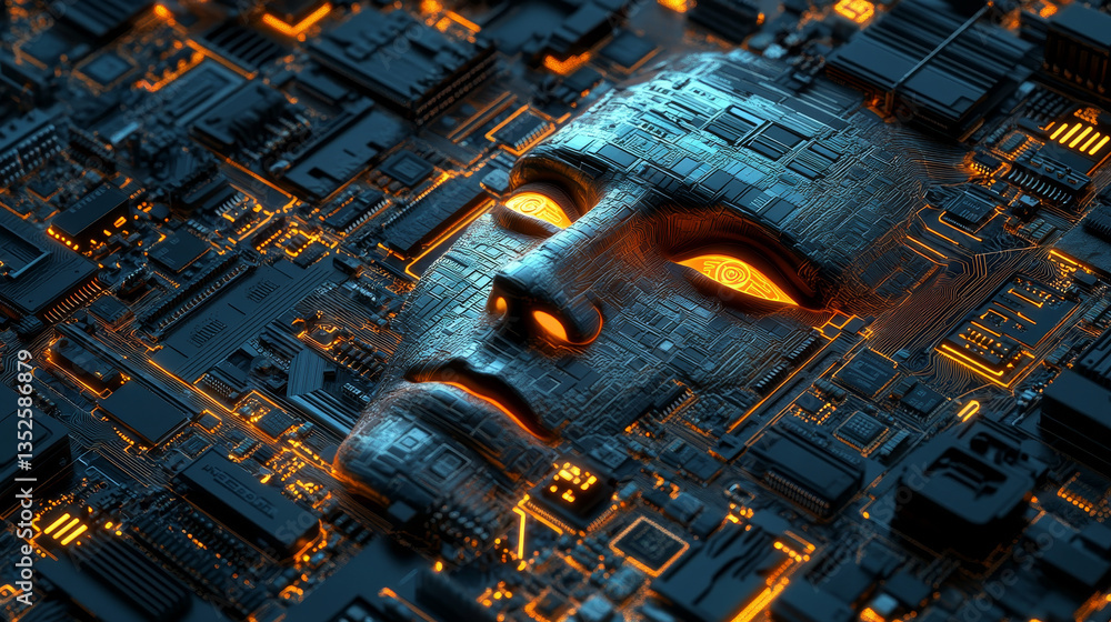 Poster ai chip, a futuristic human face design, set on a circuit board, symbolizing advanced artificial int