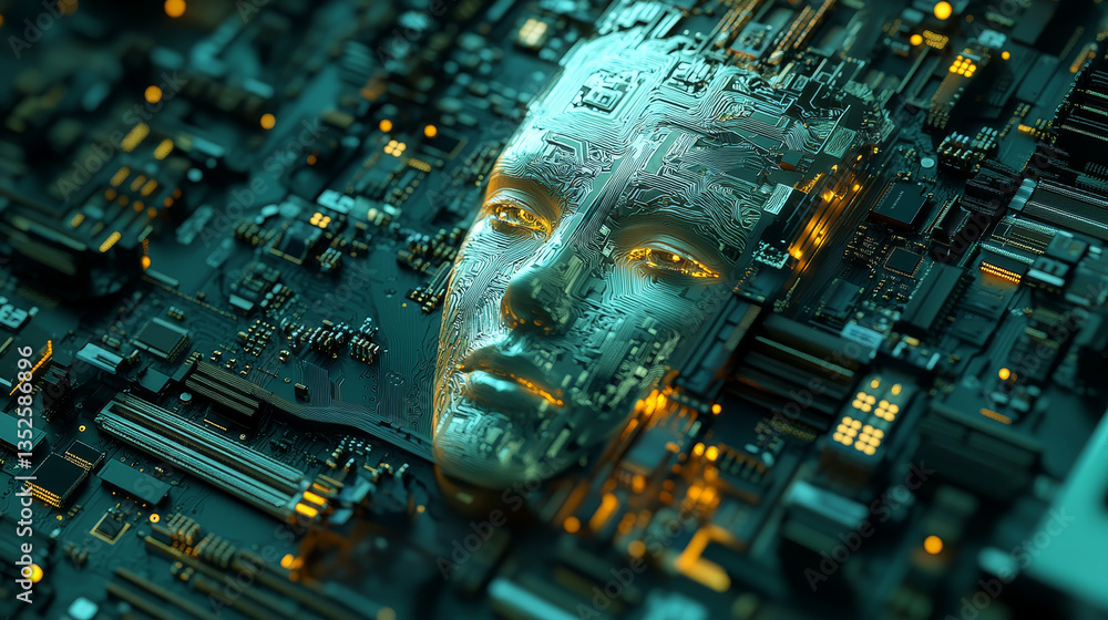 Poster ai chip, a futuristic human face design, set on a circuit board, symbolizing advanced artificial int
