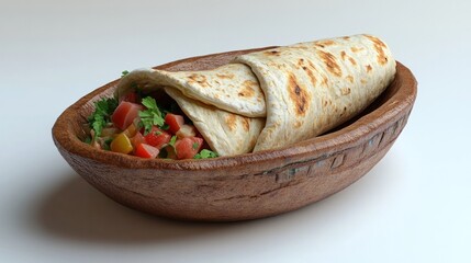 Freshly Prepared Vegetable Filled Tortilla Wrap Resting in Rustic Wooden Bowl on Wooden Table  Healthy Tex Mex Style Takeout or Fast Casual Dining Concept