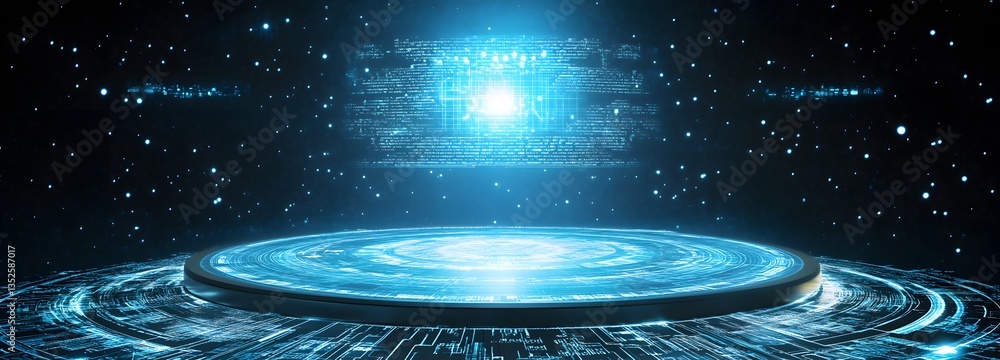 Poster a floating digital podium, displaying holographic data streams in a sci-fi environment