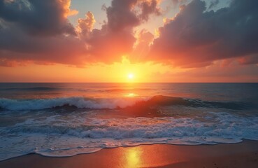 Fototapeta premium Ocean sunrise over beach with waves at seashore. Sun rising over sea horizon. Golden hour scenic coastal view. Warm colors, idyllic atmosphere, vacation vibes. Perfect holiday, travel, tourism
