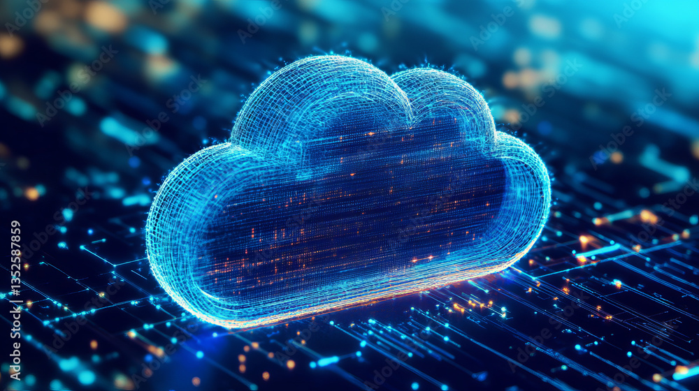 Poster cloud computing technology database storage security concept backup transfer. there is a large cloud
