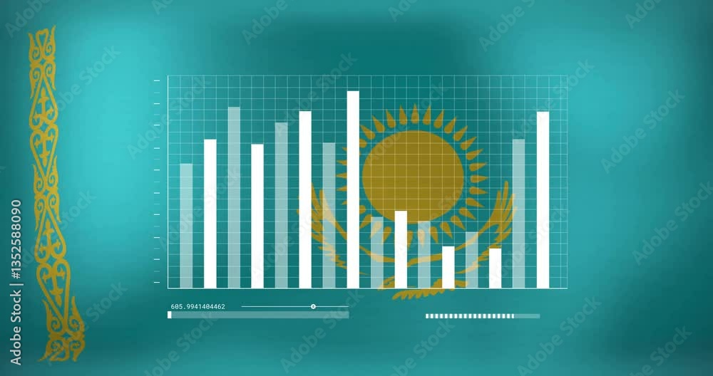Poster bar graph animation over kazakhstan flag with data processing elements