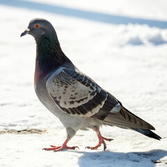 Fototapeta premium Grey pigeon standing on snow in a winter urban setting with a focus on its feathers and eye