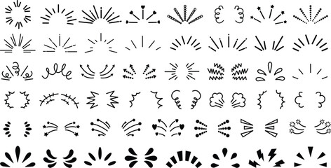 Doodle shine sunburst sparkle ray icon in flat, line set. isolated on transparent background