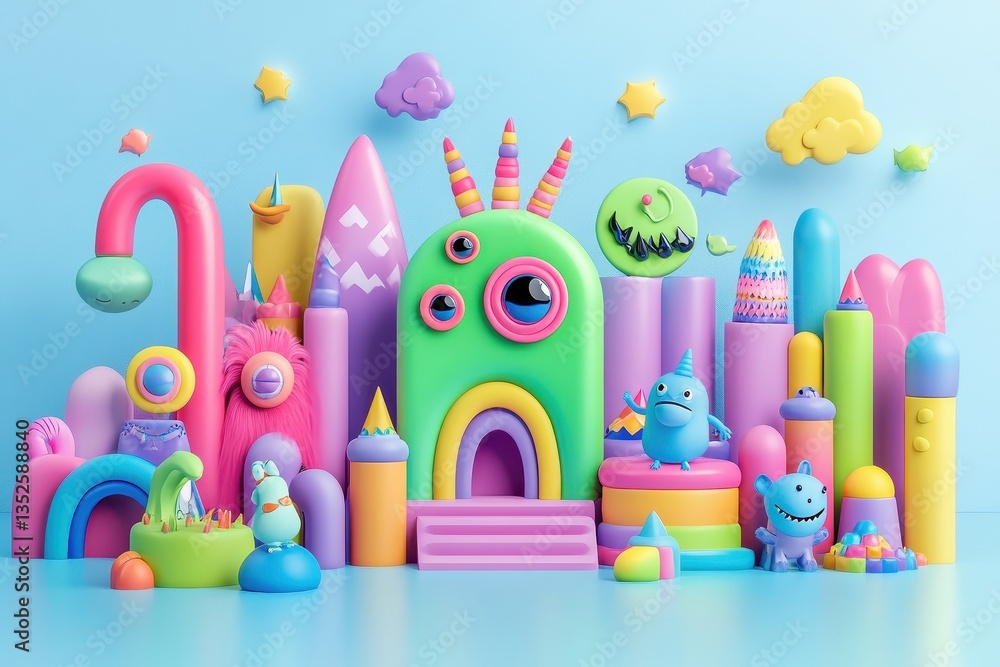 Poster a whimsical colorful scene of cartoon characters and structures