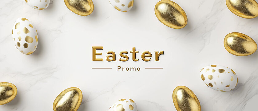 Elegant Easter promo banner with glossy golden foil eggs on a marble background. Central text makes it ideal for premium seasonal marketing and festive branding.