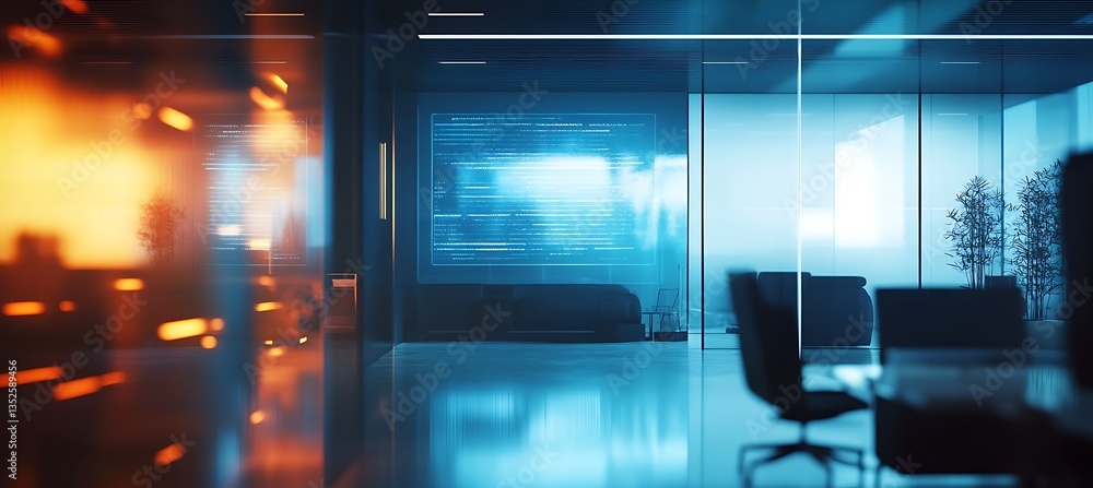Poster a futuristic holographic projector displaying a glowing interface in a modern office with branding s