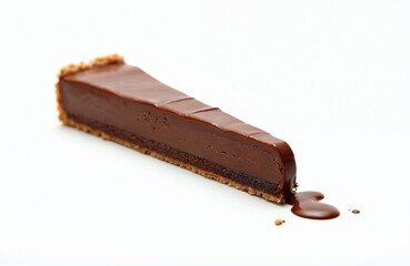 Slice of chocolate cake on white background. Chocolate ganache dessert, dark chocolate, cocoa on pastry base. Tasty sweet food with sauce drop, delicious treat.