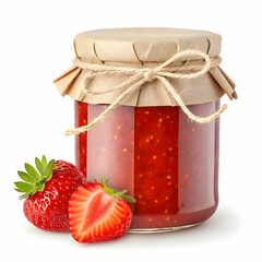 Jar of Fresh Strawberry Jam with Ripe Strawberries on White Background