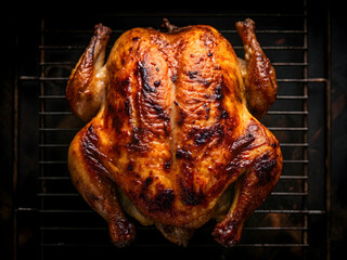 Golden Brown Roasted Chicken on Dark Background, Mouthwatering Meal
