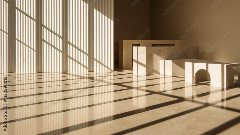Poster beige room interior with geometric shapes, showcasing sunlight through blinds creating strong shadow
